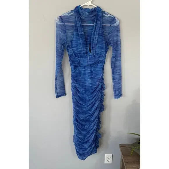 Akira Aqua Babe Mesh Printed Midi Dress BodyCon Size Small Form Fitting Blues - Picture 2 of 14